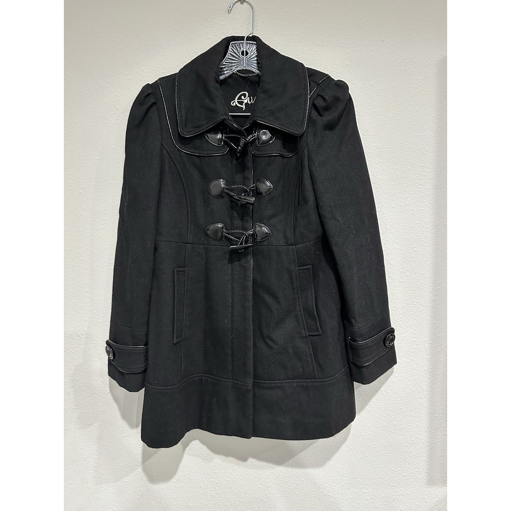 GUESS Pea Coat Womens Medium Petites‎ Black Wool Blend Collared Lining